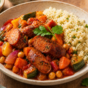 Kipmerguez met tajinegroenten & bloemkoolcouscous