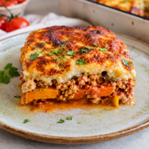 Moussaka met kippengehakt & zoete aardappelschijfjes
