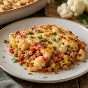Ovenschotel met kippengehakt, tomaat, prei & bloemkool