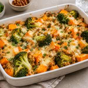 Ovenschotel met kippengehakt, zoete aardappel & broccoli