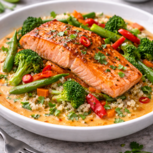 Zalmfilet met rode curry & wokgroenten