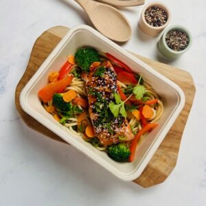 Udon noedels teryaki met wokgroenten & gebakken zalm