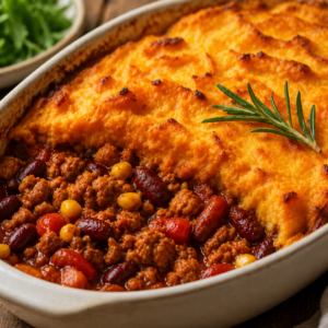 Mexicaanse ovenschotel met kippengehakt & zoete aardappelpuree