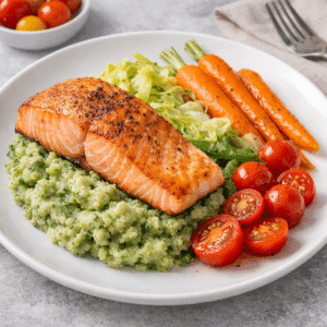 Zalmfilet met broccolistoemp, spitskool, jonge wortelen & kerstomaten