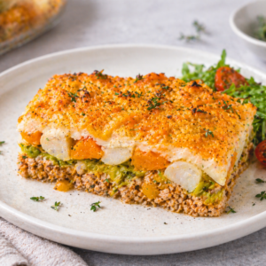 Ovenschotel met kipgehakt, prei, gele paprika, raapjes & zoete aardappel