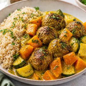 Gehaktballetjes met curry, pompoen, courgette & volle rijst