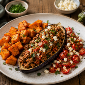 Grieks gehakt met gepofte aubergine & zoete aardappel