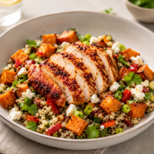 Oosterse quinoasalade met pittige kip, feta & zoete aardappel