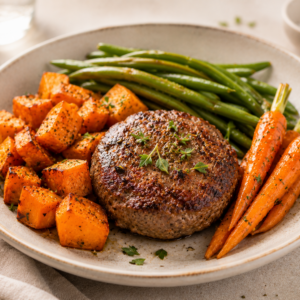 Rundsburger met zoete aardappel, boontjes & jonge wortel