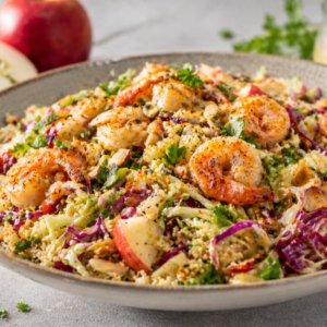 Salade scampi met bulgur, appel & spitskool
