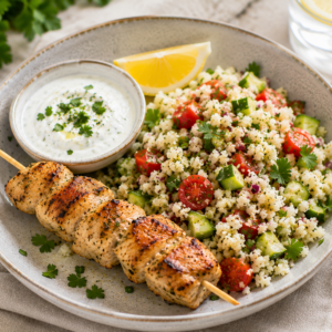 Gemarineerde kippenbrochette met bloemkooltabouleh & yoghurtdip