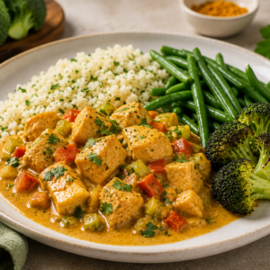 Kip curry met bloemkoolrijst, sperzieboontjes & gegrilde broccoli