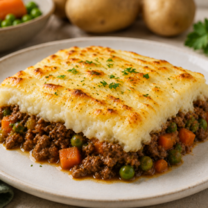 Ovenschotel met rundsgehakt, aardappelpuree, wortel & erwtjes