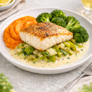 Catch of the day met gebakken prei, witte wijnsaus, wortelpuree & broccoliroosjes