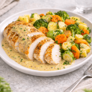 Kipfilet met mosterdsaus & een assortiment van wintergroenten
