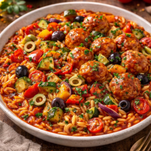 Orzo met mediterraanse groentenmix, kipballetjes, olijf & tomatensaus