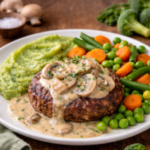 Rundsburger met champignonsaus, broccolipuree, wortel, erwtjes & boontjes