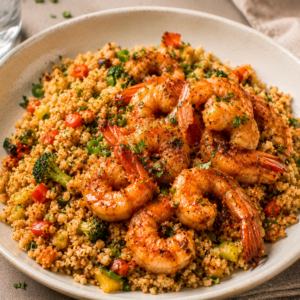 Scampi diabolique met gebakken bloemkool-groentenrijst