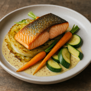 Zalm met spitskool, jonge wortel, courgette & mosterdsaus
