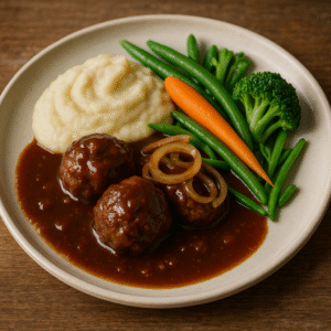 Luikse balletjes met bloemkoolpuree, witloof & tuingroenten