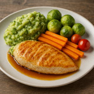 Kalkoenfilet met broccolistoemp, spruitjes, wortel & kerstomaat