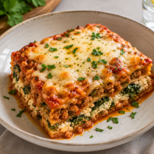 Lasagne van kippengehakt, tomatensaus, spinazie & ricotta