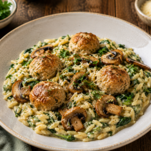 Orzotto met spinazieroom, kipballetjes & gebakken champignons