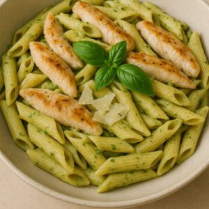 Pasta met pestoroomsaus, kipreepjes & parmesan