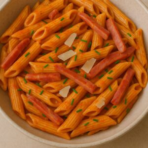 Pasta met tomatenroomsaus, spekblokjes & parmesan