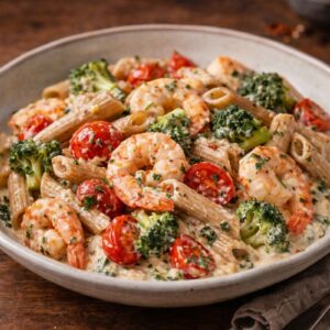 Volkorenpenne met mascarpone, scampi, kerstomaat & broccoli