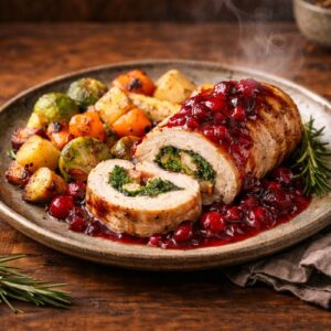 Kalkoenroullade met veenbessensaus & wintergroenten