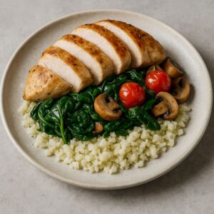 Kip Florentine (spinazie, kerstomaat, champignon) met bloemkoolrijst