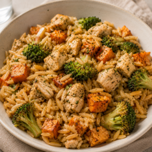 Orzo met kip, zoete aardappel & broccoli