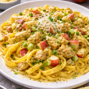 Pasta kip curry met appel, jonge ui & parmesan