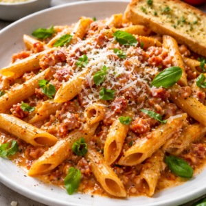Pasta Maison (penne-tomaat/look/room-spek-bieslook-parmesan)