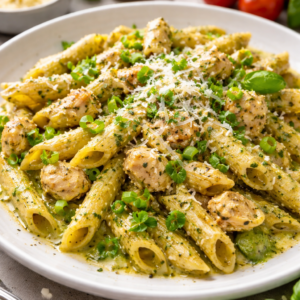 Pasta pesto (penne-pesto roomsaus-kipblokjes-jonge ui-parmesan)