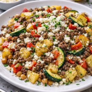 Griekse rundsgehaktschotel met gebakken aardappel, courgette, feta & paprika