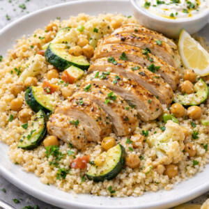 Couscous met lemon pepper chicken, kikkererwten & yoghurtdip
