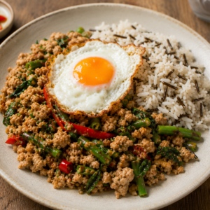 Thaise gehakt met basmatirijst, boontjes & gebakken ei