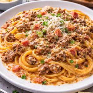 Pasta met getomateerde kaassaus & gehakt