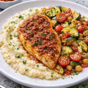 Gebakken kipfilet met rode pesto, puree van bloemkool & Italiaanse groentenmix