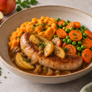 Kippenworst met bruine saus, gebakken appel, wortel, erwtjes & zoete aardappelpuree
