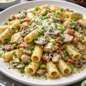 Pasta champignon (rigatone-champignonsaus-spek-kip-jonge ui-parmesan)