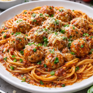 Pasta meatballs (spaghetti-kippengehaktballetjes-tomatensaus-gruyere)