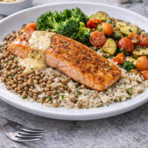 Zalmfilet met mosterdsaus, quinoa bloemkoolrijst, linzen & een assortiment groentjes