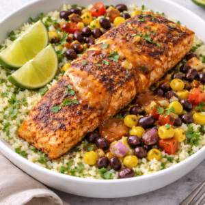 Cajun zalmfilet met chipotlesaus, bonenmix, limoen & korianderbloemkoolrijst