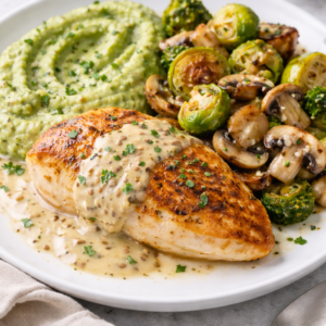 Kipfilet met mosterdsaus, broccolipuree, gebakken spruitjes & champignons