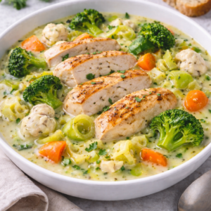 Waterzooi van kip met courgettesaus & prei