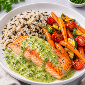 Gebakken zalm met broccolisaus, jonge wortel, courgette, kerstomaat & wilde rijst