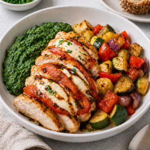 Kip Caprese met spinaziepuree & zuiderse groentenmix